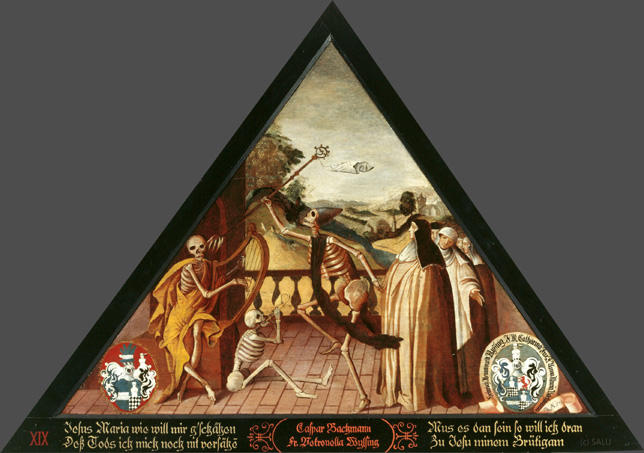Jesus Maria wie will mir g'schähen
Dess Tods ich mich noch nit versähen

Mus es dan sein so will ich dran
Zu Jesu minem Brütigam.

Bildnummern: Kdm LU 12, Halter XIX, Eglin 12