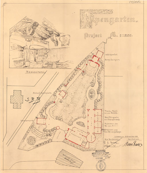 Die «Alpengarten der Urschweiz AG» hatte 1912 die vom Architekten Bernhard von Euw erstellten Pläne für ein «Restaurant mit Gartenarchitektur» zur Bewilligung eingereicht. Der Garten war als Rundgang angelegt. Betreten wurde dieser über ein kleines dunkelbraunes Tor, auf dem Plan mit «Entrée» beschriftet. Der Rundgang begann auf der linken Seite mit der Alphütte «Stanserhorn». Die nächste Station bildete die Alphütte «Altdorf-Marktplatz». Der anschliessende Aufstieg führte zur Burgruine «Zwing Uri». Es folgte eine Wandelhalle, die über eine Rotunde mit dem den Rundgang abschliessenden Restaurant verbunden war. Gesäumt wurde dieser Pfad durch die «Urschweiz» von einer Gartenanlage mit alpiner Flora.