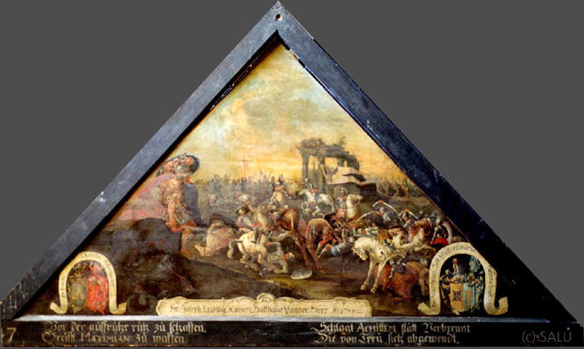 Vor der ouffruhr ruh zu schaffen,
Greift MAXIMIAN zu waffen

Schlagt ACHILLEM, stätt Verbrennt
Die von Treu sich abgewendt.

Bildnummern: Kdm LU 120, Halter 47, Eglin fehlt