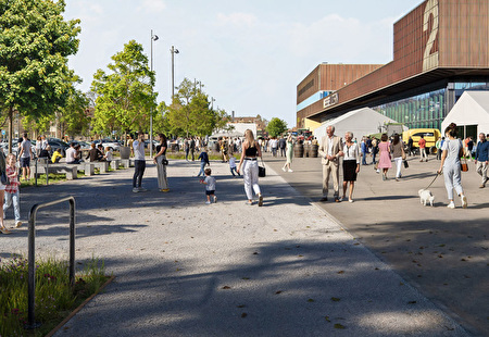 Visualisierung zeigt Menschen und entsiegelten Platz vor den Messehallen