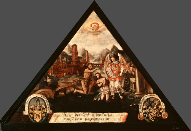 Jesus den Tauff in dem Jordan
von Joanne hat gnommen an

Bildnummern: Kdm LU 56a, Inschriftenverzeichnis 60v, von Moos 60