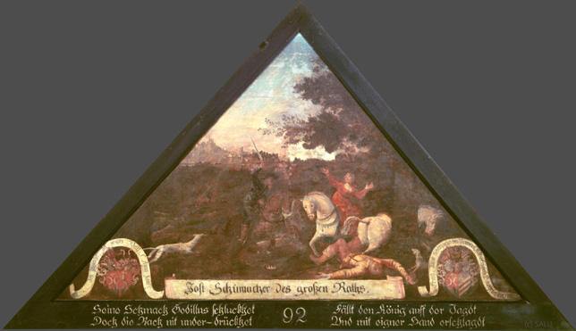 Seine Schmach Godillus schluckhet
Doch die Nacht nit under-drückhet

fällt den könig auf der Jagdt
Und mit eigner Hand erschlagdt

Bildnummern: Kdm LU 100, Halter 29, Eglin fehlt