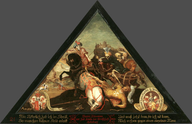 Wie Ritterlich hab ich im Streitt
So manchen kühnen Held erleitt

Und muss jetzt dran, do ich nit kann,
Mich wehren gegen einen einzelnen Mann.

Bildnummern: Kdm LU 20, Halter VII, Eglin 21