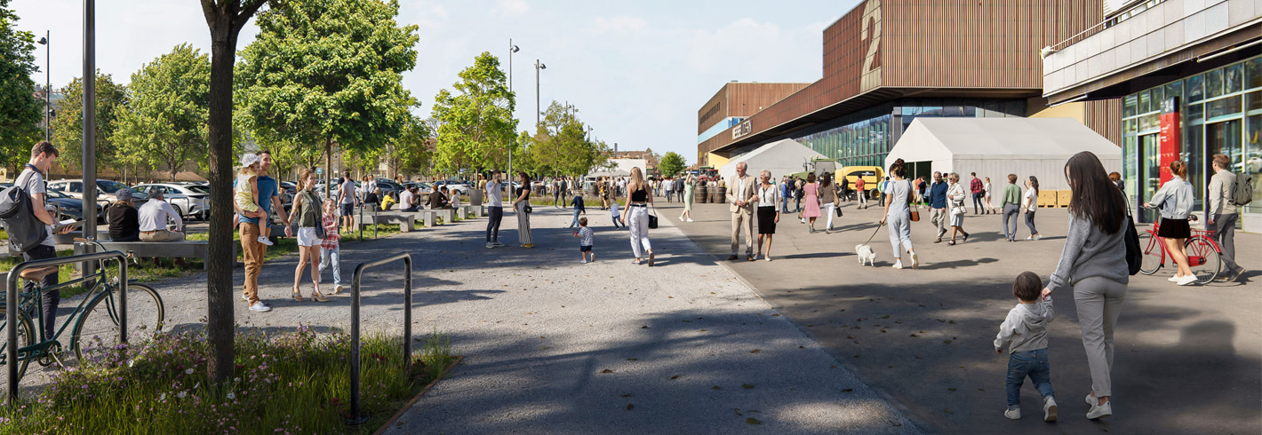 Visualisierung zeigt Menschen und entsiegelten Platz vor den Messehallen
