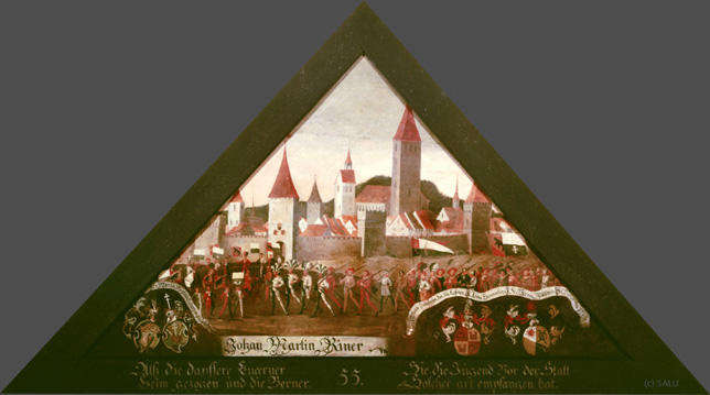 Alss die dapffere Lucerner
Heim gezogen und die Berner

Sie die Jugend Vor der Statt
Solcher art empfangen hat.

Bildnummern: Kdm LU 56, Halter XXVII, Eglin 55
