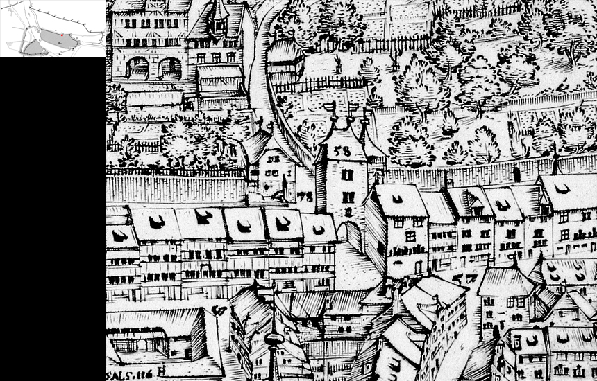 Nr. 58: Das Graggentor beherbergte das erste Uhrwerk der Stadt Luzern, bis dieses um 1403 in den neu erbauten Zytturm auf der Musegg verlegt wurde. Es gewährte bis 1864 am Stadtgraben Einlass in die Stadt.
