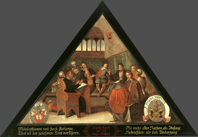 Philosophieren und hoch studieren,
Thut vil der gelehrten Leut verführen.

Die mehr aller Sachen, als Anfang
Betrachten: als den Undergang.

Bildnummern: Kdm LU 28, Halter II, Eglin 25