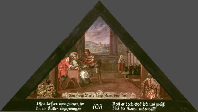 Ohne Leffzen ohne Zungen, ihn
Jn ein Closter eingezwungen

Redt er doch: Gott lobt und preist
Und die frauen underweisst

Bildnummern: Kdm LU 111, Halter 37, Eglin fehlt