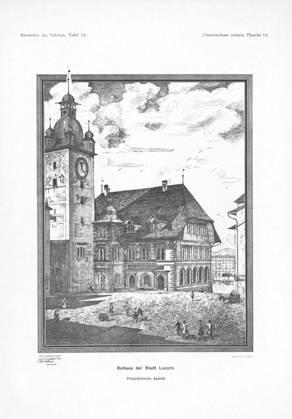 Lithographie einer perspektivischen Ansicht des 1606 fertiggestellten Rathauses