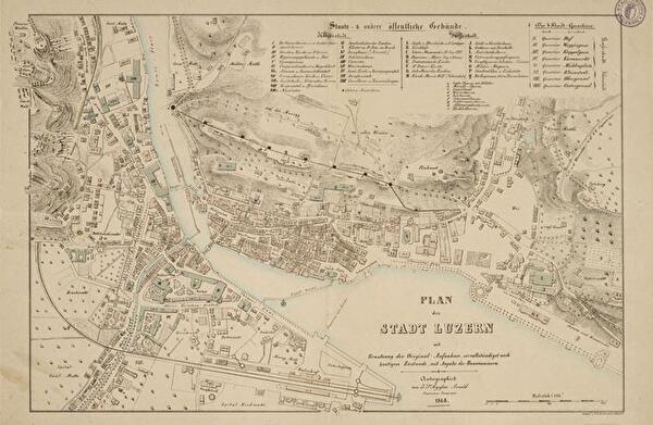 Stadtplan von Luzern von 1868, mit Angabe der Hausnummern