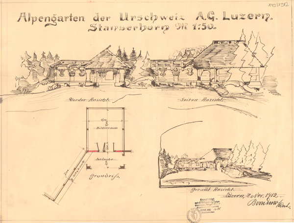 Die Fassade der historisierend gebauten Alphütte «Stanserhorn» war mit in Holz geschnitzten Wappen geschmückt.
