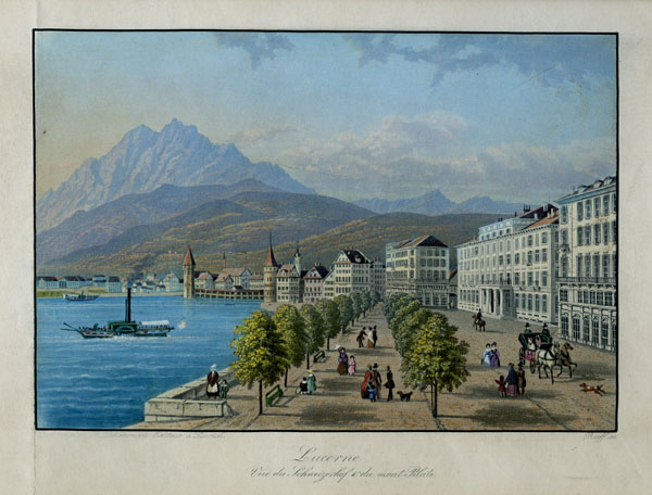 Kolorierte Aquatinta von und aus dem Verlag der bekannten Zürcher Künstlerfamilie Dikenmann. Das Hotel und der dazugehörige Quai wurden 1844/45 erbaut.