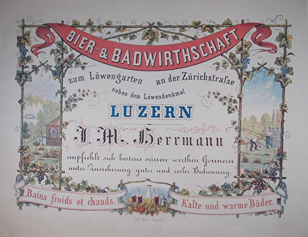 Werbeplakat von 1900 für die Bier- und Badwirtschaft zum Löwengarten an der Zürichstrasse