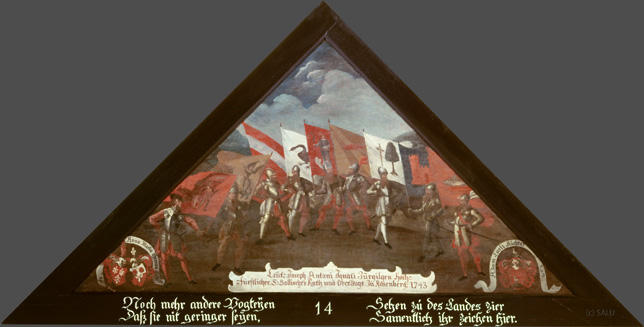 Noch mehr andere Vogteyen,
Dass sie nit geringer seyen,

Sehen zu des Landes zier
Samentlich ihr Zeichen hier.

Bildnummern: Kdm LU 14, Halter LXIV, Eglin 14