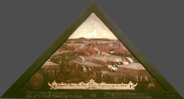 Mann ist willig: Mann ereylet,
Schlagt den Pundt: Nimt stuckh und Theilet

Reiche Beut im Schwaderloch.
Trag der Pundt nun selbst sein Joch.

Bildnummern: Kdm LU 68, Halter XVI, Eglin 66