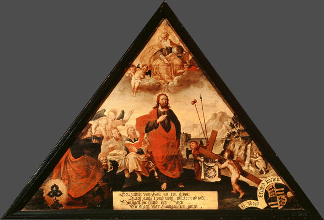 Gott nimbt von Gott an ein gebott
Durch angst vnd noth, marter vnd todt,

Vszutilgen die sünd der welt
Wie durch vier Euangelisten gmelt.

Bildnummern: Kdm LU 111b, Inschriftenverzeichnis 5r, von Moos V