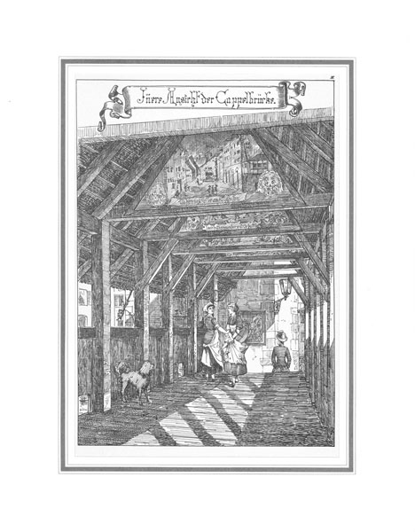 Lithographie einer Szene im Innern der Kapellbrücke mit ihren bekannten Brückenbildern