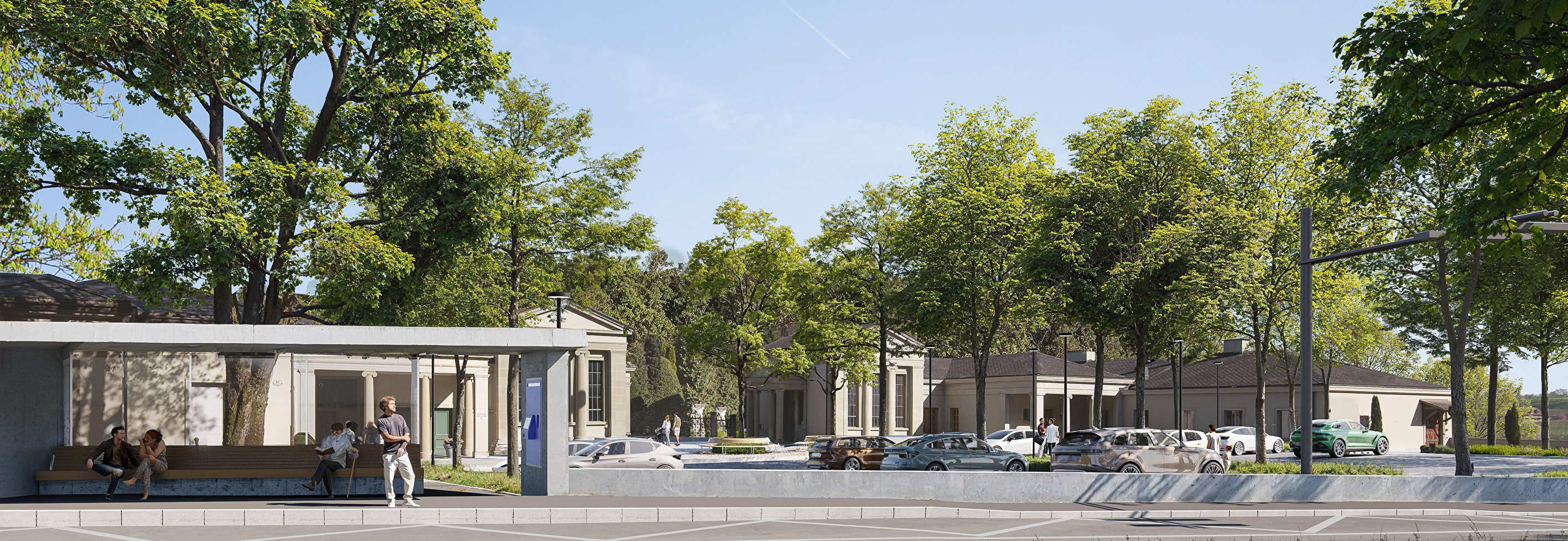Moderne Bushaltestelle vor dem Friedhof mit Parkplatz und vielen Bäumen