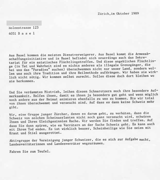 Anonyme Drohungen und Beschimpfungen gab es schon vor Hatespeech im Internet: Ziel ist das Schweizer Sekretariat des Organisationskomitees in Basel.