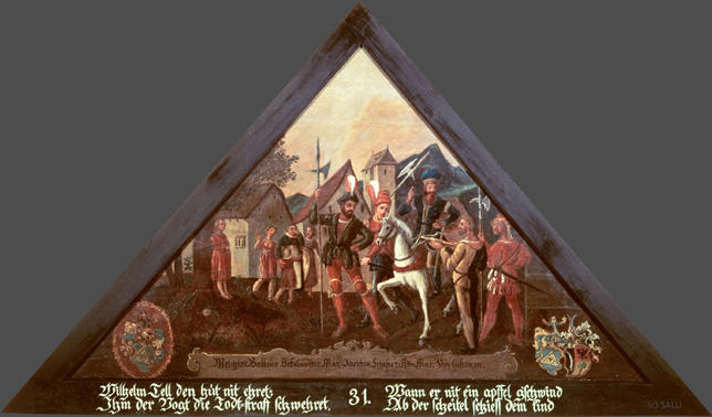 Wilhelm Tell den hut nit ehret:
Jhm der Vogt die Todt=straff schwehret,

Wann er nit ein Apfel g'schwind
Ab der scheitel schiess dem kind.

Bildnummern: Kdm LU 31, Halter LII, Eglin 31