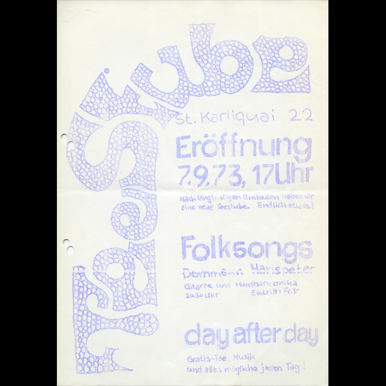 Die 1971 eröffnete Teestube am St.-Karli-Quai 22 gilt als erstes Jugendzentrum der Stadt Luzern. Bereits nach einem Jahr musste sie vorübergehend schliessen, konnte aber bald darauf wieder öffnen.