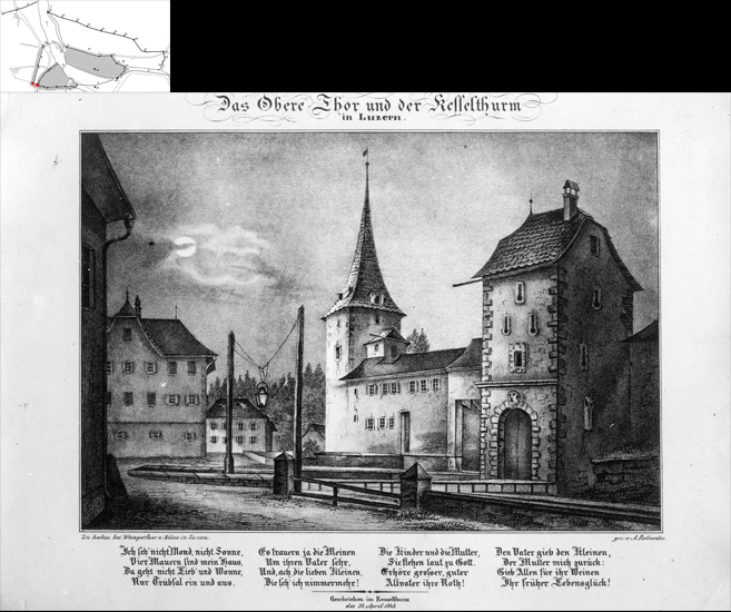 Der Kesselturm beherbergte bis 1857 die meisten Gefangenen, darunter auch den Freischarenführer Dr. Jakob Robert Steiger, der in seiner Haft das abgedruckte Gedicht verfasst hatte.