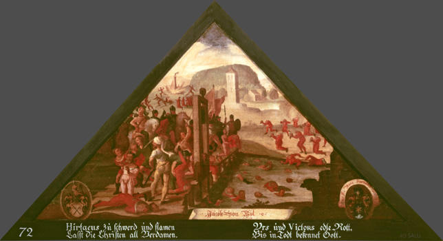 Hirtacus zu schwerd und flamen
Lasst die Christen all Verdamen.

Urs und Victors edle Rott
Bis in Todt bekennet Gott.

Bildnummern: Kdm LU 139, Halter 72, Eglin fehlt