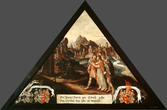 Der Jünger Zween gen Emaus gehn
Den Christus sich gibt zu verstehn.

Bildnummnern: Kdm LU 47b, Inschriftenverzeichnis 68r, von Moos LXVIII
