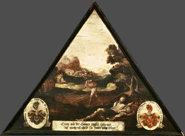 Glich wie der Samen vnglich entspringt
das worth Gottess sin frucht Nicht bringt.

Bildnummern: Kdm LU 78a, Inschriftenverzeichnis 39v, von Moos 81