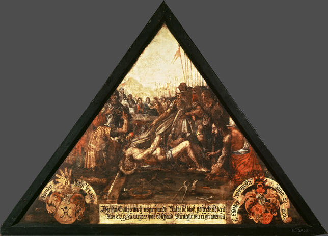 Der sun Gottes wird vsgespandt
Ans Crüz, zu mehrer spot vnd schand

Naket vnd bloss, gestrekt, vnd breit
Mit neglen wie ein gspante seit.

Bildnummern: Kdm LU 76b, Inschriftenverzeichnis 41r, von Moos XLI