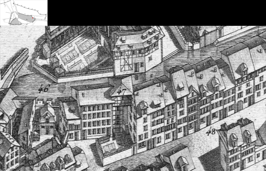 Nr. 47: Aufgrund seiner versetzten Lage hinderte der Rosengartenturm die harmonische Bebauung des Grendels und musste 1863 der Bierbrauerei «Zum Rosengarten» weichen.