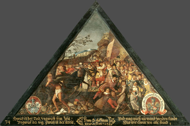 Gwüss ist der Tod, Ungwüss sein Zeit;
Ungwüss der sig, gwüss ist der streit,

Und mag auch niemand werden kundt
Was wir erwarten alle stund.

Bildnummern: Kdm LU 65, Halter 34, Eglin 54