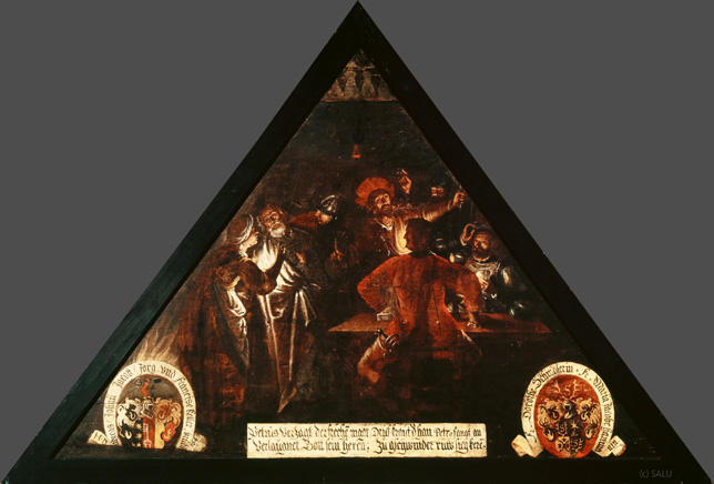 Petrus verzagt der frechen magt,
Verlaügnet Gott seinen Herren;

Druf kräyt d'han, Petrus fangt an
Zuo gschwinnder rüw sich keren.

Bildnummern: Kdm LU 96b, Inschriftenverzeichnis 21r, von Moos XXI