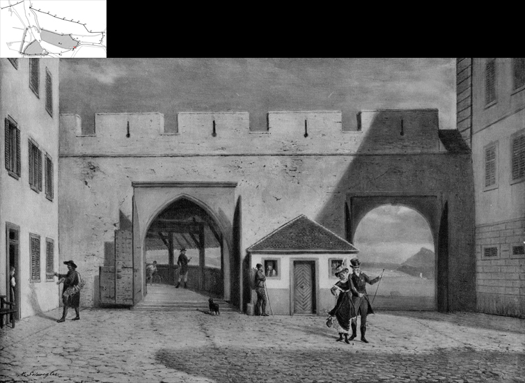 Das Hoftor stand der freien Sicht auf den See im Weg. Das städtische Bauamt liess es 1835 niederlegen, zusammen mit einem ersten Teil der Hofbrücke.
