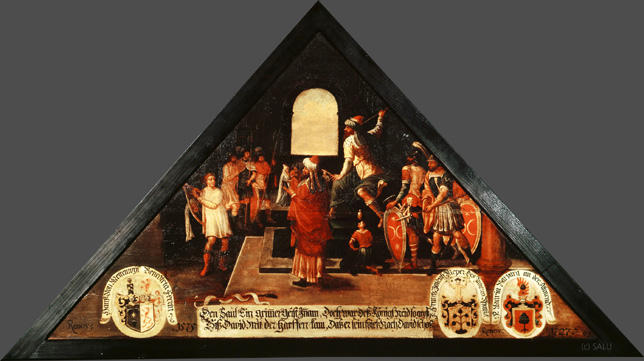 Den Saul Ein Grimmer Geist Innam,
Biss David mit der Harffen kam,

Doch war dess Königs Neid so gross
Dass er sein spiess nach David schoss.

Bildnummern: Kdm LU 116a, Inschriftenverzeichnis 98r, von Moos XCVIII