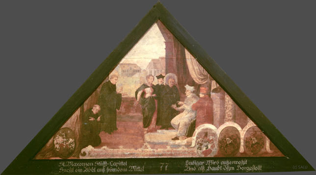 St. Maxenzen Stüfft-Capittel
Sucht ein Abbt auss frömden Mittel

Ludigar Wird auserwehlt
Und als Haubt Jhm Vorgestellt

Bildnummern: Kdm LU 84, Halter 10, Eglin fehlt