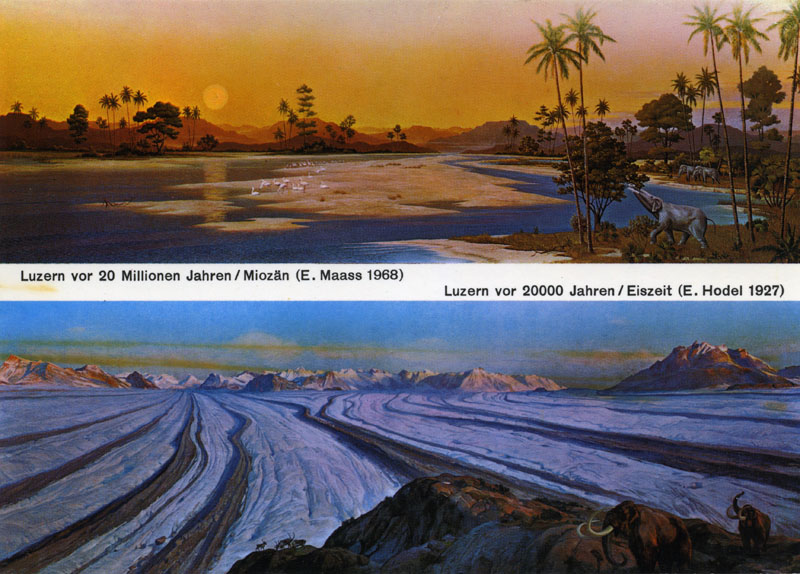 Diese Postkartengrüsse aus Luzern kombinieren tropische Meereslagune mit vergletscherten Alpen bzw. das Miozänbild von Ernst Maass mit dem Eiszeitbild von Ernst Hodel. 