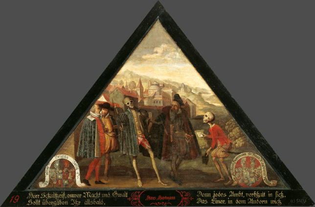 Herr Schultheiss, euwer Macht und Gwalt
Sollt übergäben Ihr allsbald,

Denn jedes Ambt, vorbhalt in sich,
Das Einer, in dem Andern wich.

Bildnummern: Kdm LU 24, Halter IX, Eglin 19