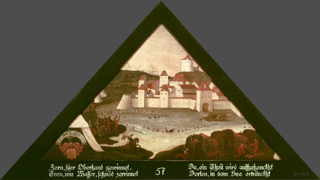 Zorn hier oberhand gewinnet,
Treu, wie Wasser, schnöd zerrinnet

Da, ein Theil wird auffgehenckht,
Dorten, in dem See ertränckht.

Bildnummern: Kdm LU 59, Halter XXV, Eglin 57