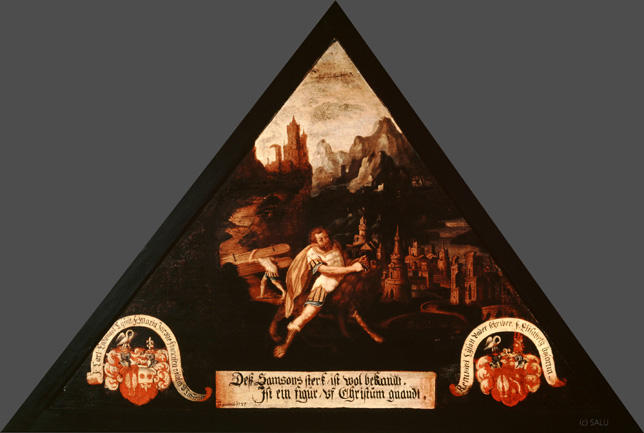 Dess Samson sterk ist wol bekandt.
Ist ein figur vf Christum gnandt.

Bildnummern: Kdm LU 55b, Inschriftenverzeichnis 61r, von Moos LXI