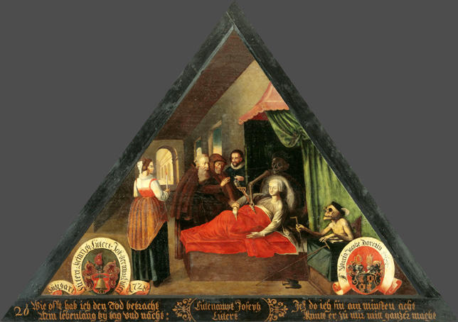 Wie offt hab ich den Tod betracht
Min lebenlang by tag und nacht:

Jez do ich sin am minsten acht
Kuntt er zu mir mitt ganzer macht.

Bildnummern: Kdm LU 61, Halter 26, Eglin 48