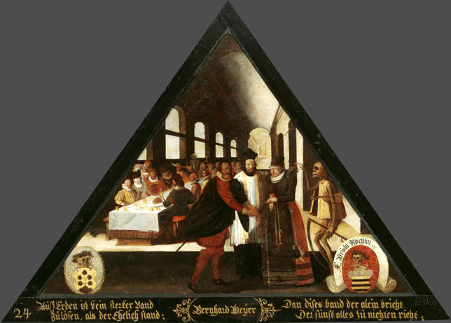 Auff Erden ist kein sterker Band
Zuo lösen, als der Ehelich stand:

Dan dises band der alein bricht,
Der sunst alles zu nichten richt.

Bildnummern: Kdm LU 14, Halter 24, Eglin 46