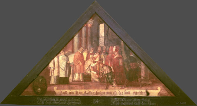 Die Parthey, so recht gesinnet,
Lufft und oberhand gewinnet,

CHILDERICH der Älter Sohn,
Wird gesetzet auff den Thron.

Bildnummern: Kdm LU 91, Halter 16, Eglin fehlt