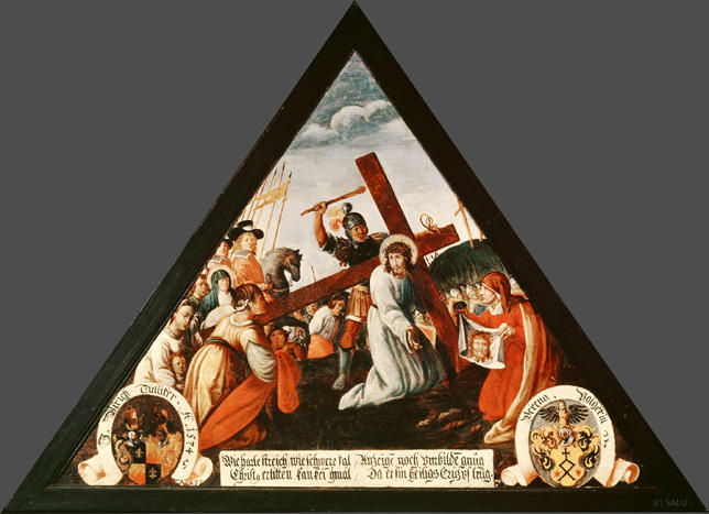 Wie harte streich, wie schwere fäl
Christus erlitten, kan kein gmäl

Anzeigen noch vmbilden gnuog
Do er sin heiligs Crüz vs trug.

Bildnummern: Kdm LU 80b, Inschriftenverzeichnis 37r, von Moos XXXVII