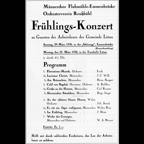 In der grossen Rezession der 1930er-Jahre engagierten sich kulturelle Vereine gemeinsam zur Unterstützung der zahlreichen Arbeitslosen in Littau.