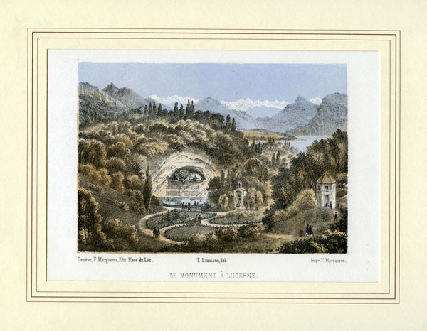 Die dreifarbige Lithographie zeigt, wie weitläufig der Park ursprünglich war. Beim Steinbruch ausserhalb der Stadt entstand durch die Anziehung des Löwen später das touristische Wey-Quartier.