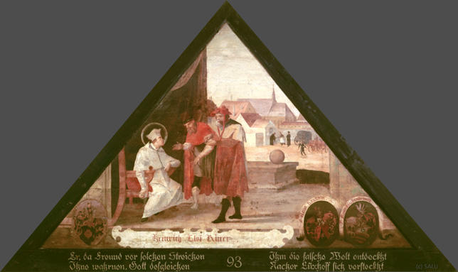 Er, da Freund vor solchen Streichen
Ihne wahrnen, Gott desgleichen

Jhm die falsche Welt entdeckht
Nacher Lüxhoff sich versteckht

Bildnummern: Kdm LU 97, Halter 21, Eglin fehlt