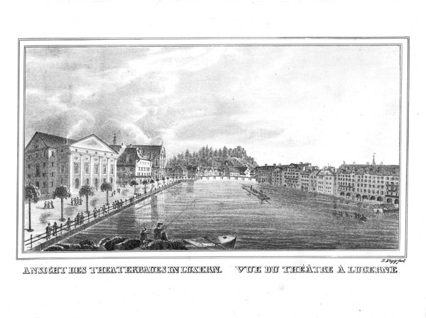Lithographie des Luzerner Theaters kurz nach seiner Erbauung 1839