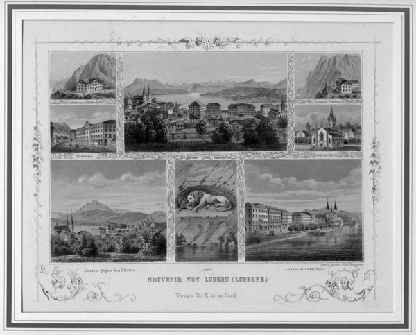 Stahlstich mit acht Luzerner Sujets, als klassisches Andenken für Touristen im 19. Jahrhundert