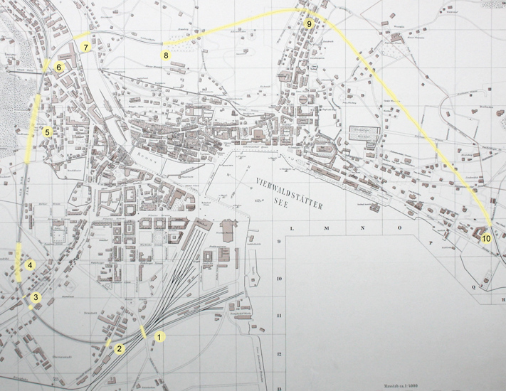 (1) Langensandbrücke, (2) Neustadtbrücke, (3) Brücken über Obergrund- und Taubenhausstrasse, (4) Schönheimtunnel, (5) Gütschtunnel, (6) Eisenbahnbrücke Baselstrasse, (7) Eisenbahnbrücke Geissmatt, Stadttunnel: (8) Portal Bramberg, (9) Zwischenangriff Zürichstrasse, (10) Portal Brunnhalde.